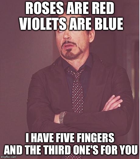 Face You Make Robert Downey Jr | ROSES ARE RED VIOLETS ARE BLUE; I HAVE FIVE FINGERS AND THE THIRD ONE'S FOR YOU | image tagged in memes,face you make robert downey jr | made w/ Imgflip meme maker
