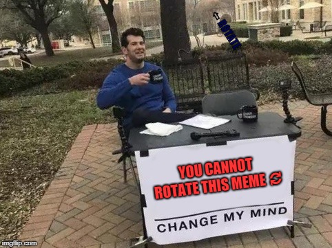 Change my Mind | ⇦ ROTATE; YOU CANNOT ROTATE THIS MEME 🔃 | image tagged in change my mind,rotate | made w/ Imgflip meme maker