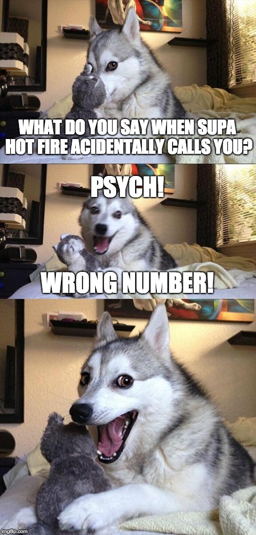 Yeah, it's a pretty old meme, I know | WHAT DO YOU SAY WHEN SUPA HOT FIRE ACIDENTALLY CALLS YOU? PSYCH! WRONG NUMBER! | image tagged in memes,bad pun dog,supa hot fire | made w/ Imgflip meme maker
