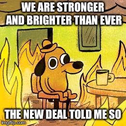 Dog in burning house | WE ARE STRONGER AND BRIGHTER THAN EVER; THE NEW DEAL TOLD ME SO | image tagged in dog in burning house | made w/ Imgflip meme maker