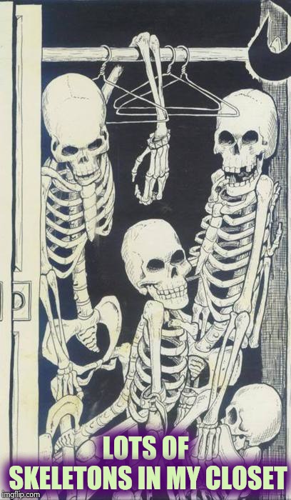 Skeletons In The Closet | LOTS OF SKELETONS IN MY CLOSET | image tagged in skeletons in the closet | made w/ Imgflip meme maker