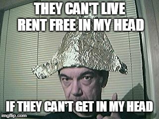tin foil hat | THEY CAN'T LIVE RENT FREE IN MY HEAD; IF THEY CAN'T GET IN MY HEAD | image tagged in tin foil hat | made w/ Imgflip meme maker