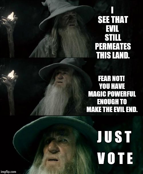 Practice Your Right To Vote | I SEE THAT; EVIL STILL PERMEATES THIS LAND. FEAR NOT! YOU HAVE MAGIC POWERFUL ENOUGH TO MAKE THE EVIL END. J U S T; V O T E | image tagged in memes,confused gandalf,meme,evil trump,trump unfit unqualified dangerous,donald trump is an idiot | made w/ Imgflip meme maker