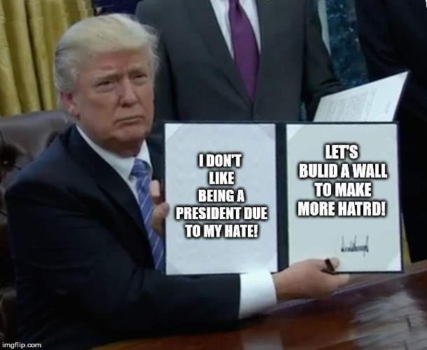 Trump Bill Signing | I DON'T LIKE BEING A PRESIDENT DUE TO MY HATE! LET'S BULID A WALL TO MAKE MORE HATRD! | image tagged in memes,trump bill signing | made w/ Imgflip meme maker