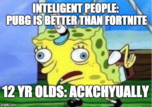 Mocking Spongebob Meme | INTELIGENT PEOPLE: PUBG IS BETTER THAN FORTNITE; 12 YR OLDS: ACKCHYUALLY | image tagged in memes,mocking spongebob | made w/ Imgflip meme maker