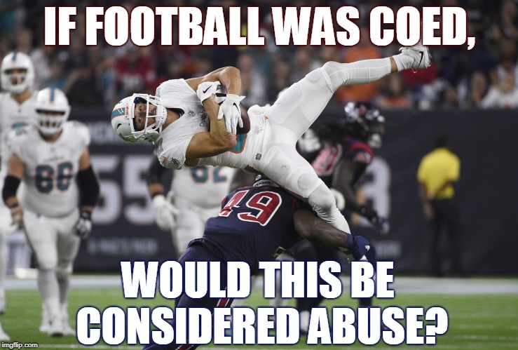 Football, not abuse | IF FOOTBALL WAS COED, WOULD THIS BE CONSIDERED ABUSE? | image tagged in real football,houston texans,miami dolphins,football,great sacks | made w/ Imgflip meme maker