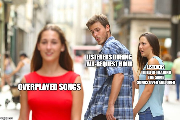 Distracted Boyfriend | LISTENERS DURING ALL-REQUEST HOUR; LISTENERS TIRED OF HEARING THE SAME SONGS OVER AND OVER; OVERPLAYED SONGS | image tagged in memes,distracted boyfriend | made w/ Imgflip meme maker