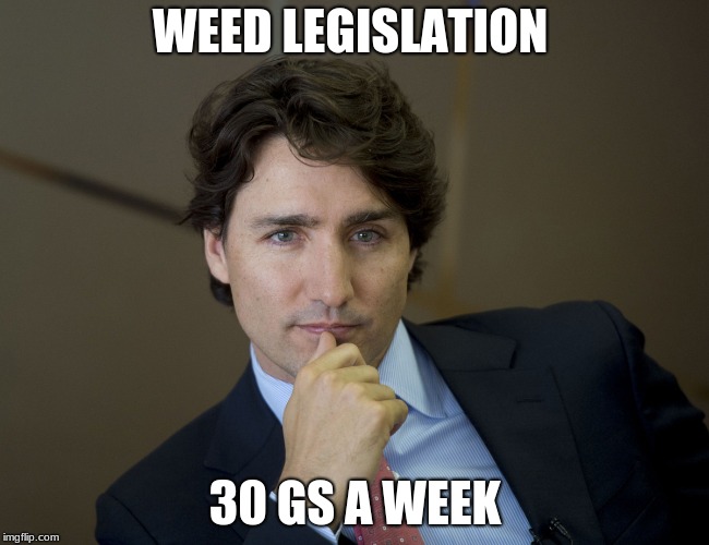 Justin Trudeau readiness | WEED LEGISLATION; 30 GS A WEEK | image tagged in justin trudeau readiness | made w/ Imgflip meme maker