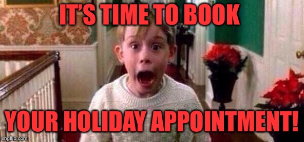 Christmas | IT’S TIME TO BOOK; YOUR HOLIDAY APPOINTMENT! | image tagged in christmas | made w/ Imgflip meme maker
