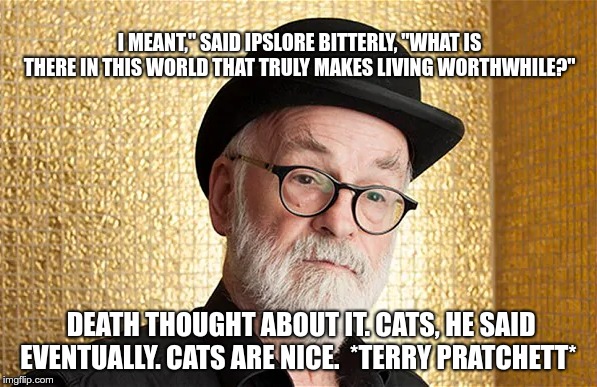 cats are nice | I MEANT," SAID IPSLORE BITTERLY, "WHAT IS THERE IN THIS WORLD THAT TRULY MAKES LIVING WORTHWHILE?"; DEATH THOUGHT ABOUT IT. CATS, HE SAID EVENTUALLY. CATS ARE NICE.

*TERRY PRATCHETT* | image tagged in discworld,death | made w/ Imgflip meme maker