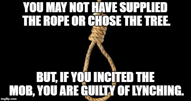 lynch rope | YOU MAY NOT HAVE SUPPLIED THE ROPE OR CHOSE THE TREE. BUT, IF YOU INCITED THE MOB, YOU ARE GUILTY OF LYNCHING. | image tagged in lynch rope | made w/ Imgflip meme maker
