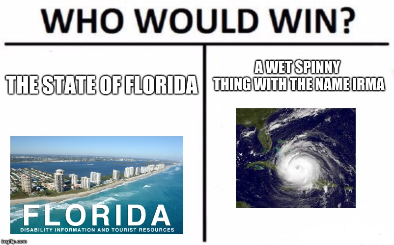 Who Would Win? | A WET SPINNY THING WITH THE NAME IRMA; THE STATE OF FLORIDA | image tagged in memes,who would win | made w/ Imgflip meme maker