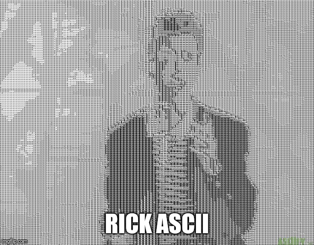 Never gonna give you up | RICK ASCII | image tagged in rick astley,rick rolled,ascii,memes,ilikepie314159265358979 | made w/ Imgflip meme maker