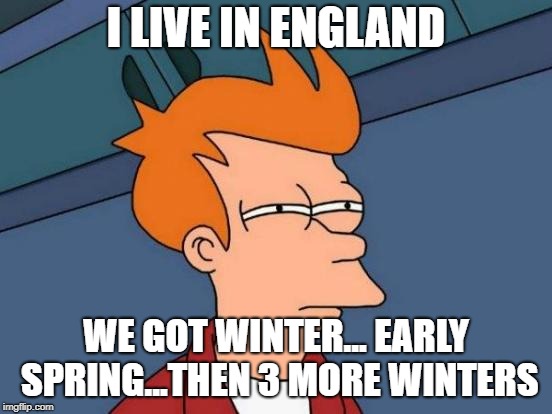 Futurama Fry Meme | I LIVE IN ENGLAND WE GOT WINTER... EARLY SPRING...THEN 3 MORE WINTERS | image tagged in memes,futurama fry | made w/ Imgflip meme maker