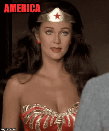 AMERICA- The Beautiful | THE  BEAUTIFIL | image tagged in gifs,god bless america,lynda carter,wonder woman,babes,donald trump approves | made w/ Imgflip video-to-gif maker