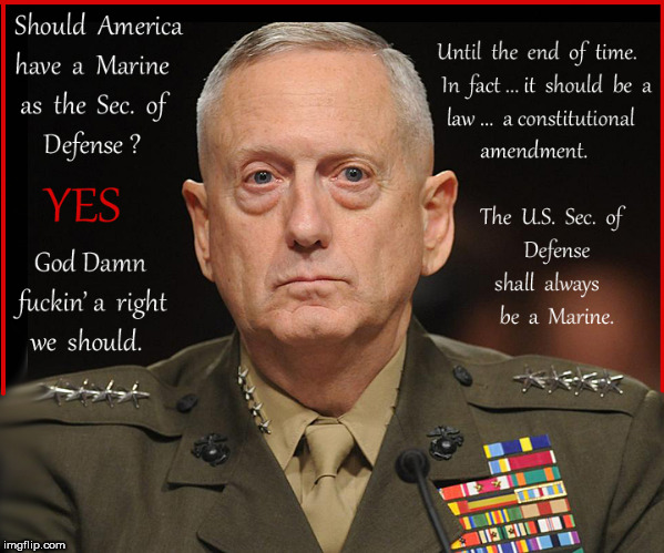 We should always have a Marine as Sec. of Defense | image tagged in james mattis,sec of defense,current events,political meme,marines,maga | made w/ Imgflip meme maker