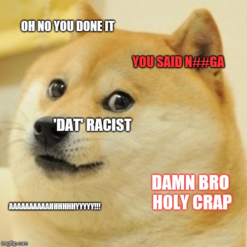Doge | OH NO YOU DONE IT; YOU SAID N##GA; 'DAT' RACIST; DAMN BRO HOLY CRAP; AAAAAAAAAAHHHHHHYYYYY!!! | image tagged in memes,doge | made w/ Imgflip meme maker