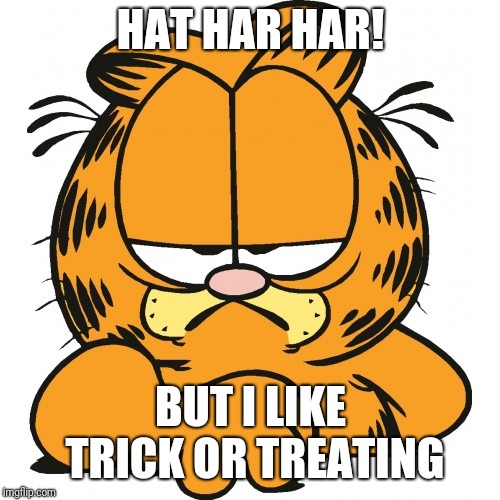 Garfield | HAT HAR HAR! BUT I LIKE TRICK OR TREATING | image tagged in garfield | made w/ Imgflip meme maker