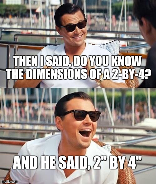 Leonardo Dicaprio Wolf Of Wall Street Meme | THEN I SAID, DO YOU KNOW THE DIMENSIONS OF A 2-BY-4? AND HE SAID, 2" BY 4" | image tagged in memes,leonardo dicaprio wolf of wall street | made w/ Imgflip meme maker