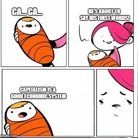 Ca... Ca... | HE'S ABOUT TO SAY HIS FIRST WORDS! CA... CA... CAPITALISM IS A GOOD ECONOMIC SYSTEM | image tagged in capitalism,he is about to say his first words,politics | made w/ Imgflip meme maker
