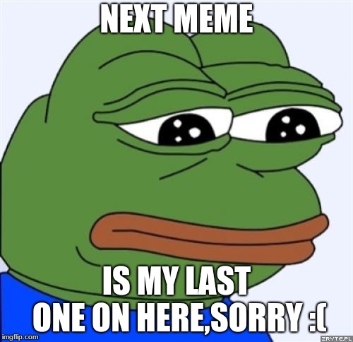 sad frog | NEXT MEME; IS MY LAST ONE ON HERE,SORRY :( | image tagged in sad frog | made w/ Imgflip meme maker