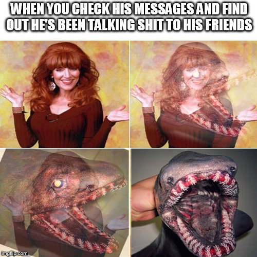 Angry wife- when you forgot something | WHEN YOU CHECK HIS MESSAGES AND FIND OUT HE'S BEEN TALKING SHIT TO HIS FRIENDS | image tagged in angry wife- when you forgot something | made w/ Imgflip meme maker