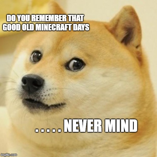 Doge | DO YOU REMEMBER THAT GOOD OLD MINECRAFT DAYS; . . . . . NEVER MIND | image tagged in memes,doge | made w/ Imgflip meme maker