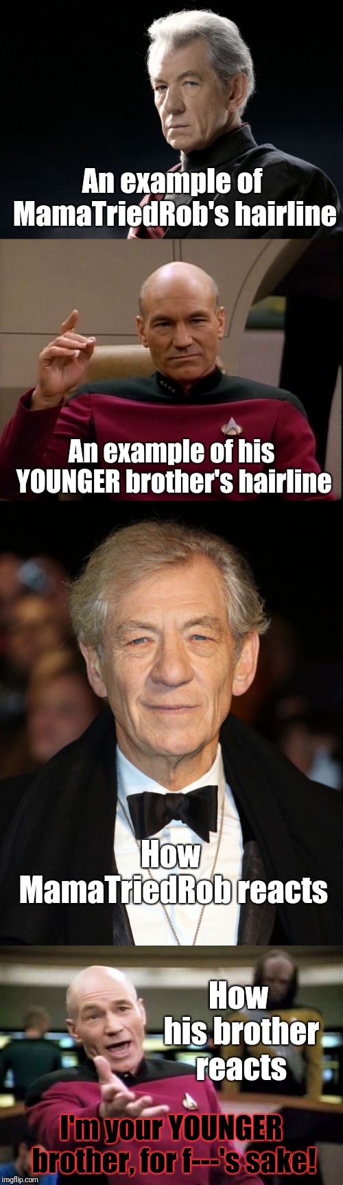 Guess it was all those noogies I gave him when we were little. | An example of MamaTriedRob's hairline; An example of his YOUNGER brother's hairline; How MamaTriedRob reacts; How his brother reacts; I'm your YOUNGER brother, for f---'s sake! | image tagged in magnetomeme,picard make it so,picard wtf,ian mckellen,brothers | made w/ Imgflip meme maker