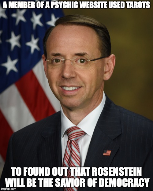 Rod Rosenstein | A MEMBER OF A PSYCHIC WEBSITE USED TAROTS; TO FOUND OUT THAT ROSENSTEIN WILL BE THE SAVIOR OF DEMOCRACY | image tagged in rod rosenstein,memes | made w/ Imgflip meme maker