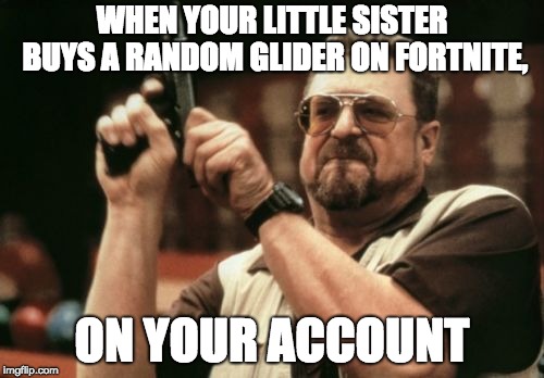 Am I The Only One Around Here | WHEN YOUR LITTLE SISTER BUYS A RANDOM GLIDER ON FORTNITE, ON YOUR ACCOUNT | image tagged in memes,am i the only one around here | made w/ Imgflip meme maker