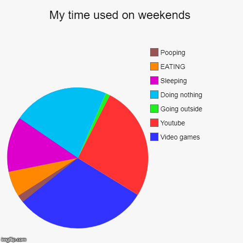 My time used on weekends | Video games, Youtube, Going outside, Doing nothing, Sleeping, EATING, Pooping | image tagged in funny,pie charts | made w/ Imgflip chart maker