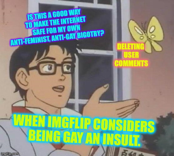 Is This A Pigeon Meme | IS THIS A GOOD WAY TO MAKE THE INTERNET SAFE FOR MY OWN ANTI-FEMINIST, ANTI-GAY BIGOTRY? DELETING USER COMMENTS; WHEN IMGFLIP CONSIDERS BEING GAY AN INSULT. | image tagged in memes,is this a pigeon | made w/ Imgflip meme maker