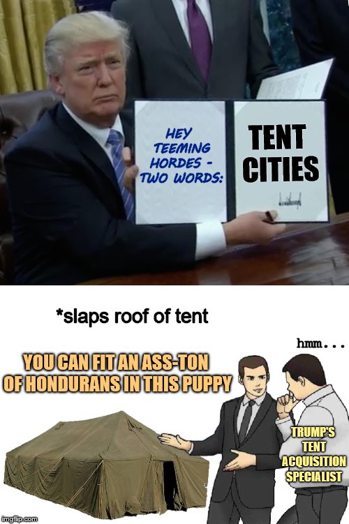 Park the Caravan |  TENT CITIES; HEY TEEMING HORDES - TWO WORDS:; *slaps roof of tent; hmm... YOU CAN FIT AN ASS-TON OF HONDURANS IN THIS PUPPY; TRUMP'S TENT ACQUISITION SPECIALIST | image tagged in caravan,phunny,theelliot,trump,illegal immigration,memes | made w/ Imgflip meme maker