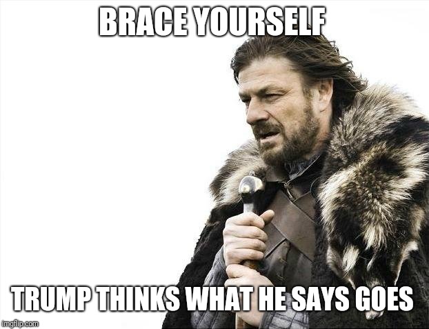 Brace Yourselves X is Coming Meme | BRACE YOURSELF TRUMP THINKS WHAT HE SAYS GOES | image tagged in memes,brace yourselves x is coming | made w/ Imgflip meme maker