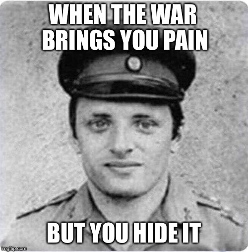 Meme War Veteran | WHEN THE WAR BRINGS YOU PAIN; BUT YOU HIDE IT | image tagged in hide the pain harold,old,photo,memes | made w/ Imgflip meme maker