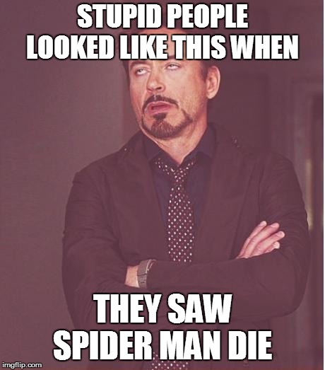 Face You Make Robert Downey Jr | STUPID PEOPLE LOOKED LIKE THIS WHEN; THEY SAW SPIDER MAN DIE | image tagged in memes,face you make robert downey jr | made w/ Imgflip meme maker