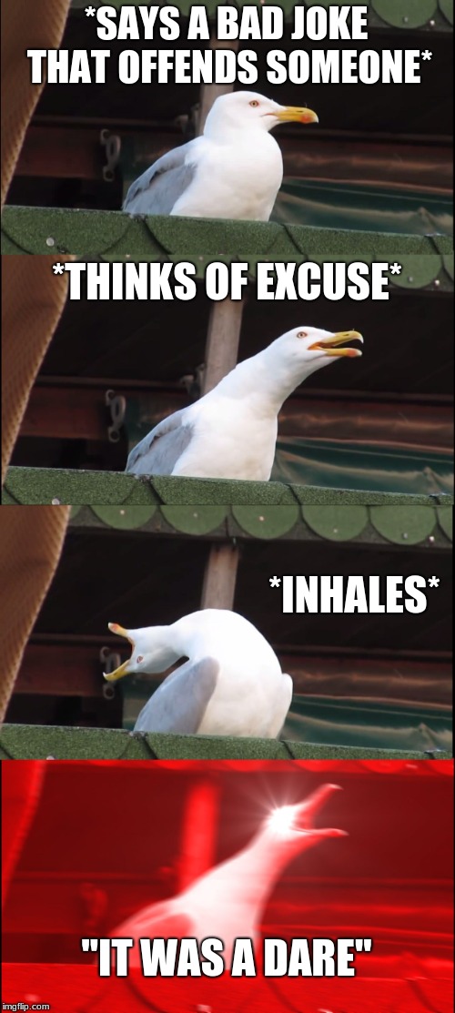 Inhaling Seagull | *SAYS A BAD JOKE THAT OFFENDS SOMEONE*; *THINKS OF EXCUSE*; *INHALES*; "IT WAS A DARE" | image tagged in memes,inhaling seagull | made w/ Imgflip meme maker