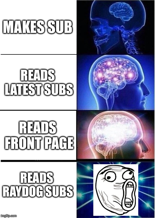 Upvote for a Raydog stream | MAKES SUB; READS LATEST SUBS; READS FRONT PAGE; READS RAYDOG SUBS | image tagged in memes,expanding brain,raydog | made w/ Imgflip meme maker