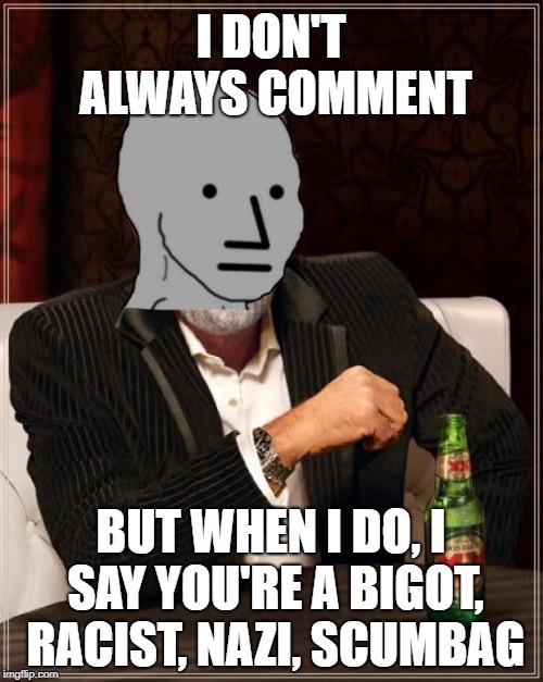 The Most Diverse NPC In The World | I DON'T ALWAYS COMMENT; BUT WHEN I DO, I SAY YOU'RE A BIGOT, RACIST, NAZI, SCUMBAG | image tagged in memes,the most interesting man in the world | made w/ Imgflip meme maker