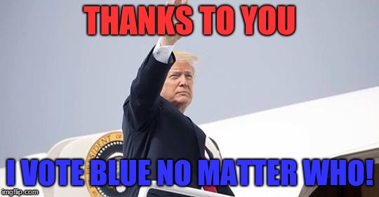Vote Blue No Matter Who! Because Republicans Suck! | THANKS TO YOU; I VOTE BLUE NO MATTER WHO! | image tagged in vote,blue,no matter,who,because,republicans | made w/ Imgflip meme maker