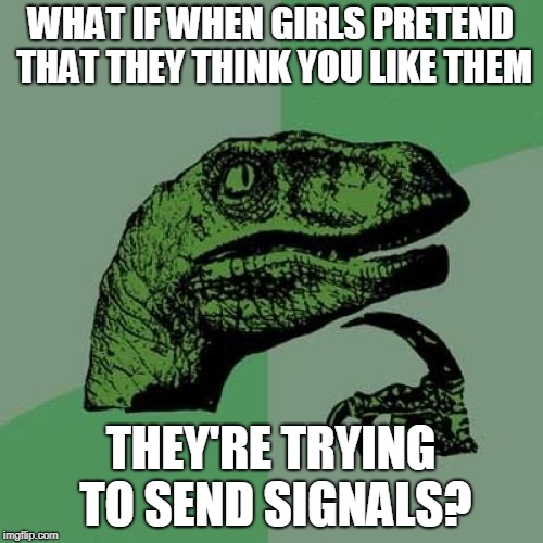 Philosoraptor Meme | WHAT IF WHEN GIRLS PRETEND THAT THEY THINK YOU LIKE THEM THEY'RE TRYING TO SEND SIGNALS? | image tagged in memes,philosoraptor | made w/ Imgflip meme maker