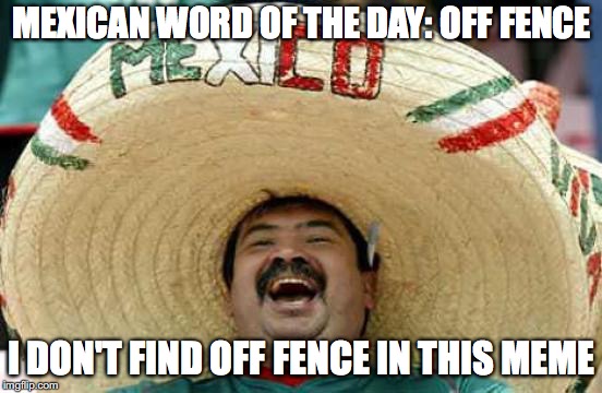 Mexican Word of the day | MEXICAN WORD OF THE DAY: OFF FENCE; I DON'T FIND OFF FENCE IN THIS MEME | image tagged in happy mexican | made w/ Imgflip meme maker
