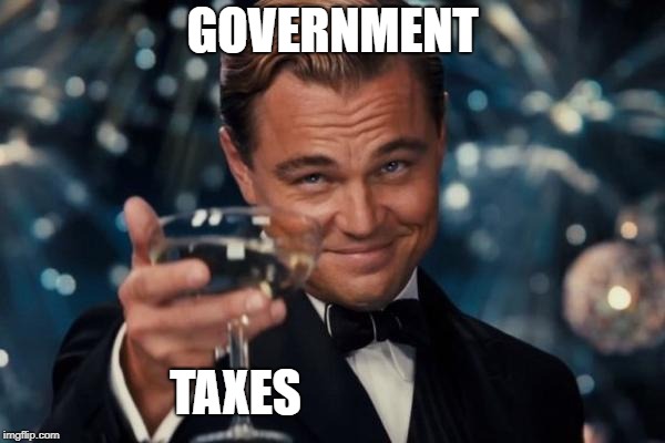 Leonardo Dicaprio Cheers Meme | GOVERNMENT; TAXES | image tagged in memes,leonardo dicaprio cheers | made w/ Imgflip meme maker