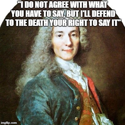 Antifa Could Learn From This | "I DO NOT AGREE WITH WHAT YOU HAVE TO SAY, BUT I'LL DEFEND TO THE DEATH YOUR RIGHT TO SAY IT" | image tagged in memes,voltaire,antifa,freedom of speech,freedom in murica | made w/ Imgflip meme maker