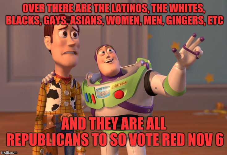 X, X Everywhere Meme | OVER THERE ARE THE LATINOS, THE WHITES, BLACKS, GAYS, ASIANS, WOMEN, MEN, GINGERS, ETC; AND THEY ARE ALL REPUBLICANS TO SO VOTE RED NOV 6 | image tagged in memes,x x everywhere | made w/ Imgflip meme maker