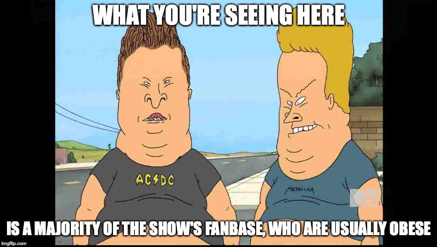 Beavis and Butt-Head Fans | WHAT YOU'RE SEEING HERE; IS A MAJORITY OF THE SHOW'S FANBASE, WHO ARE USUALLY OBESE | image tagged in beavis and butthead,fans,memes | made w/ Imgflip meme maker