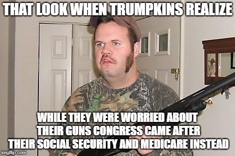 Redneck wonder | THAT LOOK WHEN TRUMPKINS REALIZE; WHILE THEY WERE WORRIED ABOUT THEIR GUNS CONGRESS CAME AFTER THEIR SOCIAL SECURITY AND MEDICARE INSTEAD | image tagged in redneck wonder | made w/ Imgflip meme maker
