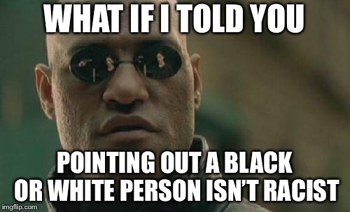  Making Fun of The BECAUSE Of Their Race Is Racist, However | WHAT IF I TOLD YOU; POINTING OUT A BLACK OR WHITE PERSON ISN’T RACIST | image tagged in memes,matrix morpheus | made w/ Imgflip meme maker