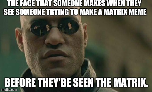Matrix Morpheus Meme | THE FACE THAT SOMEONE MAKES WHEN THEY SEE SOMEONE TRYING TO MAKE A MATRIX MEME; BEFORE THEY'BE SEEN THE MATRIX. | image tagged in memes,matrix morpheus | made w/ Imgflip meme maker