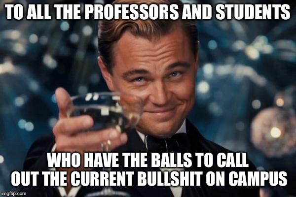 Leonardo Dicaprio Cheers Meme | TO ALL THE PROFESSORS AND STUDENTS; WHO HAVE THE BALLS TO CALL OUT THE CURRENT BULLSHIT ON CAMPUS | image tagged in memes,leonardo dicaprio cheers | made w/ Imgflip meme maker
